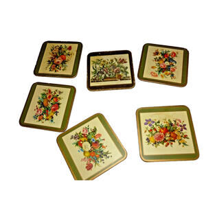 6 Vintage Pimpernel Deluxe Finish‎ Coasters w/ Box Floral Made in England
